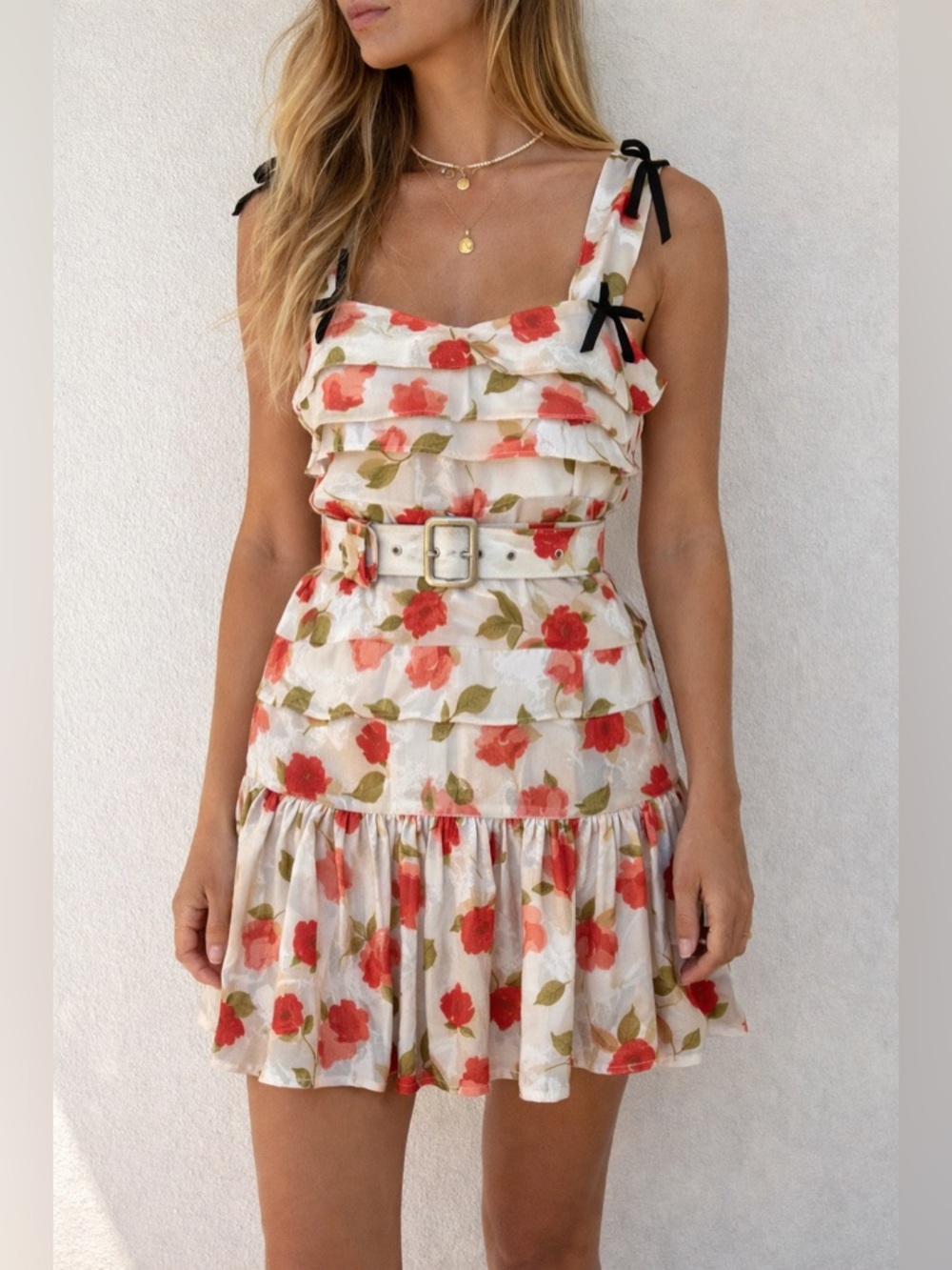 For Love & Lemons Coquette Floral Belted Mini Dress Medium Romantic Garden Party
